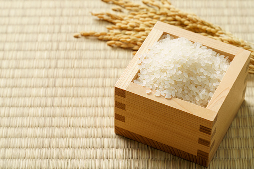Japanese white rice on tatami mat