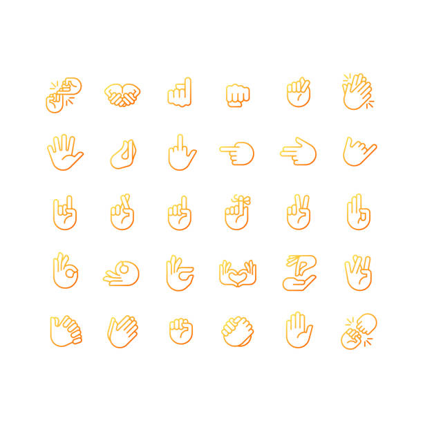 Hand gestures pixel perfect gradient linear vector icons set Hand gestures pixel perfect gradient linear vector icons set. Body language. Communication signals. Thin line contour symbol designs bundle. Isolated outline illustrations collection sign language icon stock illustrations
