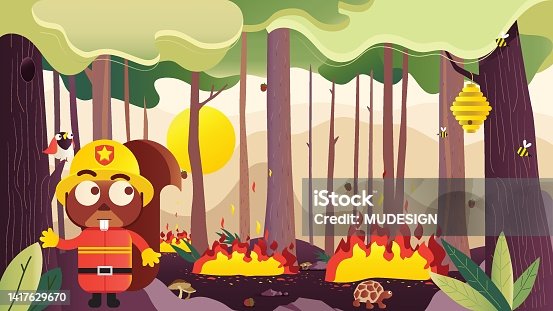 istock Squirrel firefighter in protective uniform warning about wildfire disaster 1417629670