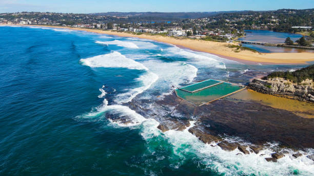 Aerial drone view of North Narrabeen Rock Pool at Narrabeen Beach on the Northern Beaches of Sydney, NSW stock photo