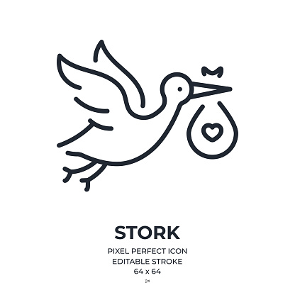 Baby stork editable stroke outline icon isolated on white background flat vector illustration. Pixel perfect. 64 x 64.