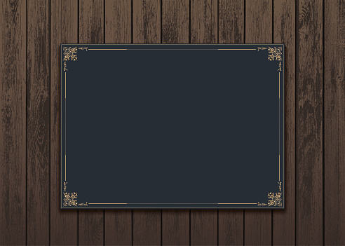 Menu design template for restaurant or cafe. Frame mockup on a wooden table. Vector background