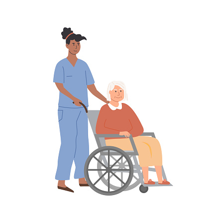 Black nurse or doctor taking care of elderly woman on wheelchair. Nursing home concept. Assisted living. Residential care facility. Senior lady with disability. Vector illustration isolated on white