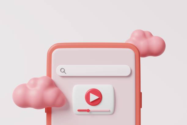 istock Minimal style video media player icon on mobile phone with magnifier internet searching bar and cloud on white background. Cloud server data live streaming system, web browser concept. 3d rendering 1417633246