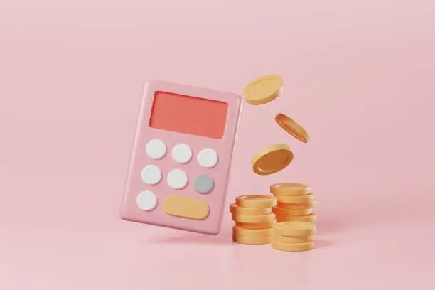 Minimal style math financial calculator with stacking coins on pink background. Business investment budget balance, income tax, economy analysis, money savings, accounting work concept. 3d rendering