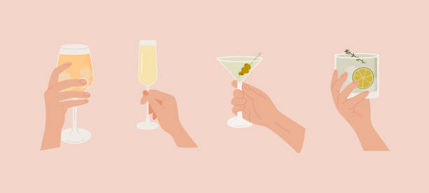 ilustrações de stock, clip art, desenhos animados e ícones de set of female or male hand holding glass with alcoholic cocktails, champagne and wine. alcohol drink. summer aperitif, alcoholic beverage. colored flat vector illustration isolated on white background - wine glass champagne cocktail