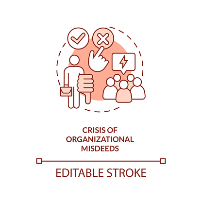 Crisis of organizational misdeeds red concept icon. Type of crisis abstract idea thin line illustration. Isolated outline drawing. Editable stroke. Arial, Myriad Pro-Bold fonts used