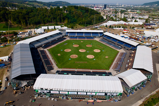 Aerial view of mobile arena of Eidgenössisches Schwing- und Älplerfest ESAF 2022 at Pratteln, Canton Basel-Landschaft, on a sunny summer day. Photo taken August 24th, 2022, Basel, Switzerland.