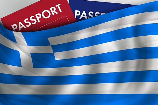 Greek flag background and passport of Greece. Citizenship, official legal immigration, visa, business and travel concept.