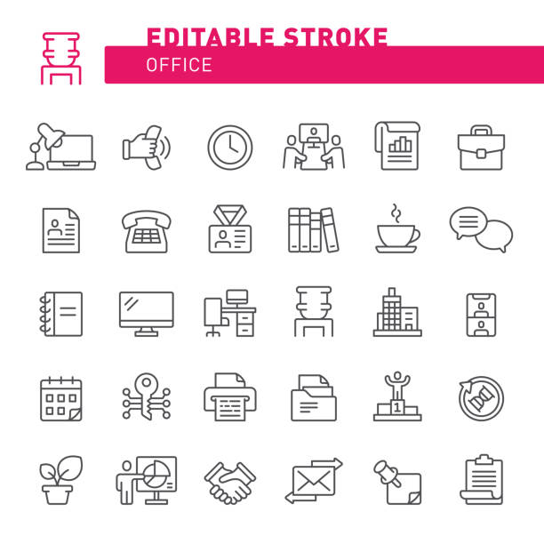Office Icons Office, working, business, place of work, icon, icon set, ditable stroke, outline, desk, corporate business water cooler stock illustrations