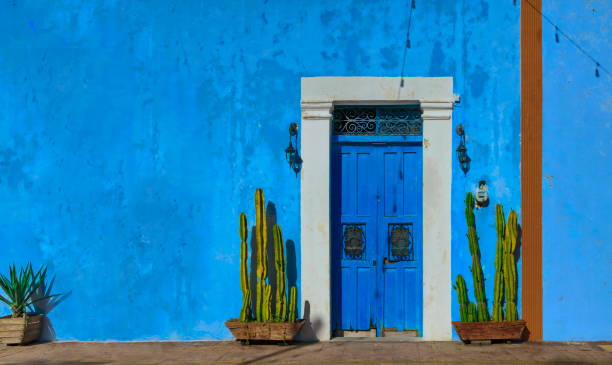 Mexican Colors. Typical house façade painted in vivid blue color with cactus plants next to the door, Campeche, Mexico stock photo