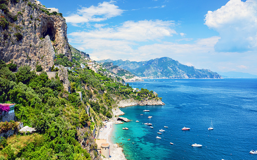Wide angle view of the Amalfi Coast, Campania, Italy