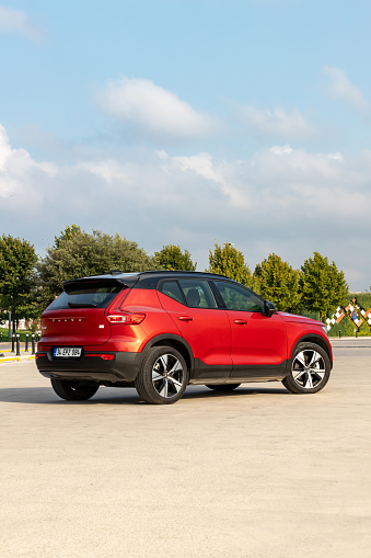 Istanbul, Turkey - August 23 2022 : Volvo XC40 Recharge is a pure electric SUV model manufactured by Volvo Cars.