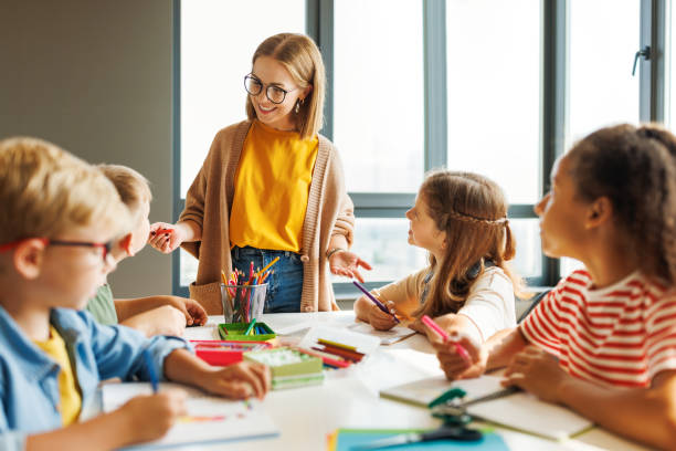 istock Teacher conducts a lesson, gives a lecture children during school work 1417642819