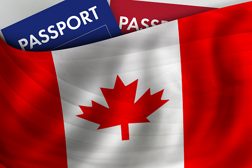 Canadian flag background and passport of Canada. Citizenship, official legal immigration, visa, business and travel concept.