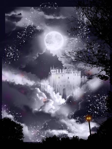 ilustrações, clipart, desenhos animados e ícones de fantasia de fundo monocromático ilustração de um velho castelo europeu de pé entre a lua e estrelas e um mar de nuvens brilhando no lindo céu noturno - castle district