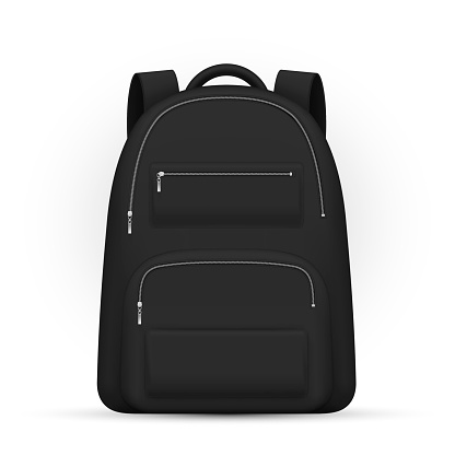 Black backpack design with metallic silver zip and pockets front view realistic vector illustration