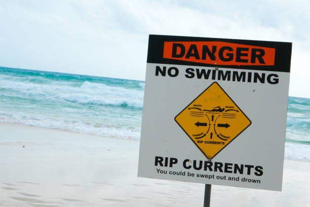 istock Warning sign board about currents in the ocean 1417647605