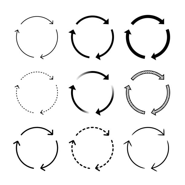 zestaw 3 kroków strzałki w postaci obrotu, procesu, cyrkulacji, powtórzenia, kroków, synchronizacji i cyklu - continuity stock illustrations