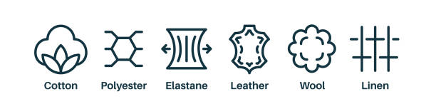 Synthetic and natural fibres. Set of fabric types Set of fabric types or product materials like cotton, leather, wool, polyester, elastane. Outline icons. Synthetic and natural fibres. Cotton, polyester, wool and leather icons. Vector illustration spandex stock illustrations