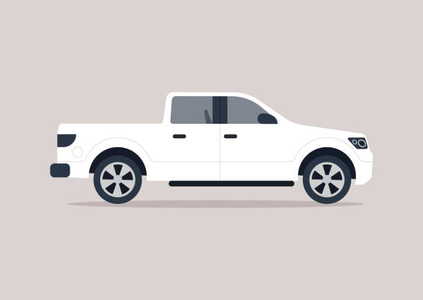illustrazioni stock, clip art, cartoni animati e icone di tendenza di una vista laterale di un grande pick up, un concetto di trasporto merci - furgone pickup