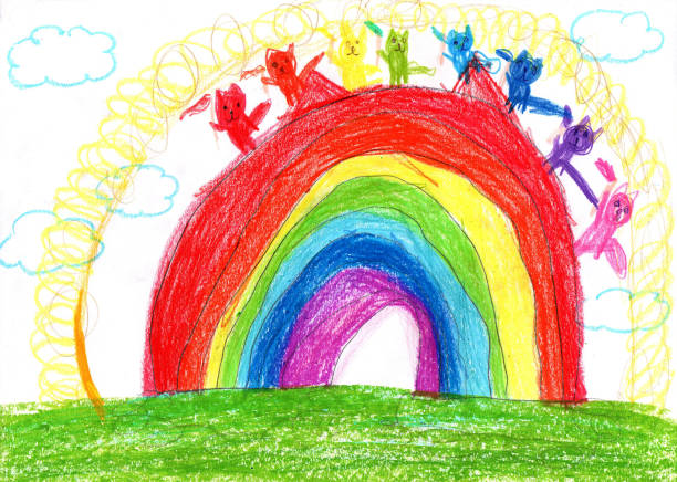 istock Children drawing of a beautiful rainbow. Cute animals and waving their paws. 1417654998