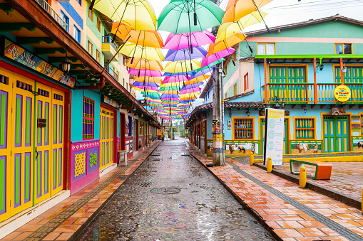 colorful street of guatape town in antioquia district, colombia.