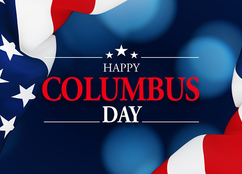 Happy Columbus Day message written over dark blue background next to rippled American flag. Horizontal composition with copy space. Front view. Happy Columbus Day concept.