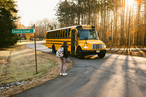 School Bus approaching bus stop where junior high girl student waits in the morning.