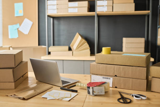 istock Warehouse with cardboard boxes for shipping 1417664444