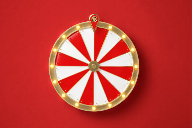 Wheel of fortune on red background. Horizontal composition with copy space. Directly above.