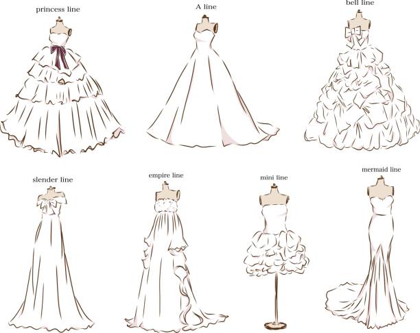 illustrations, cliparts, dessins animés et icônes de différents types de robes de mariée - robe de cocktail