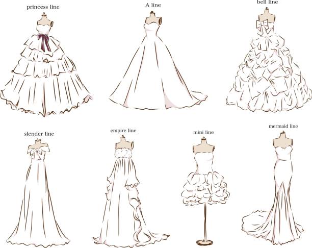 ilustrações de stock, clip art, desenhos animados e ícones de different types of wedding dresses - wedding dress