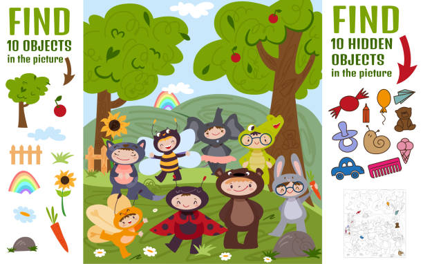ÐеÑки игÑа Find 10 hidden objects in the picture. Educational puzzle game for kids with funny children wearing carnival animal costumes. Funny cartoon characters in costume dress. Searching items flat concept. ladybird book stock illustrations