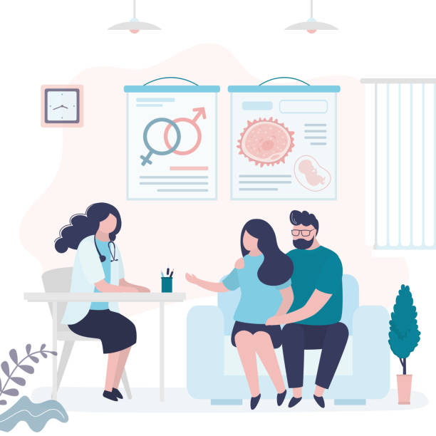Couple came for consultation with embryologist. Infertility treatment in clinic. Specialist assigns woman tests for artificial insemination Couple came for consultation with embryologist. Infertility treatment in clinic. Specialist assigns woman tests for artificial insemination. Doctor advises family about IVF. Flat vector illustration human fertility stock illustrations