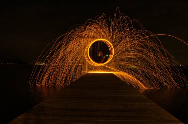 istock Long exposure light painting on the boardwalk on a lake 1417676419