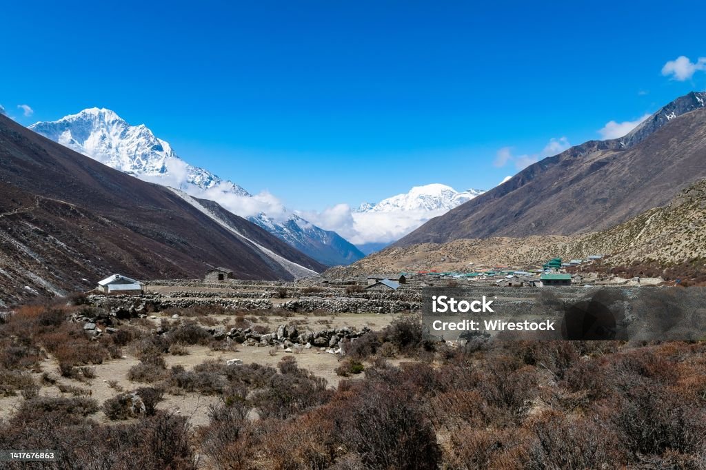 Stunning view of the Dingboche village, Everest Base Camp trek, Nepal A stunning view of the Dingboche village, Everest Base Camp trek, Nepal Asia Stock Photo
