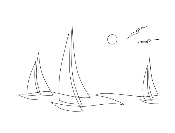 Vector illustration of Yachts on sea waves. Seagull in the sunny sky. Continuous line drawing. Vector illustration. Isolated on white background