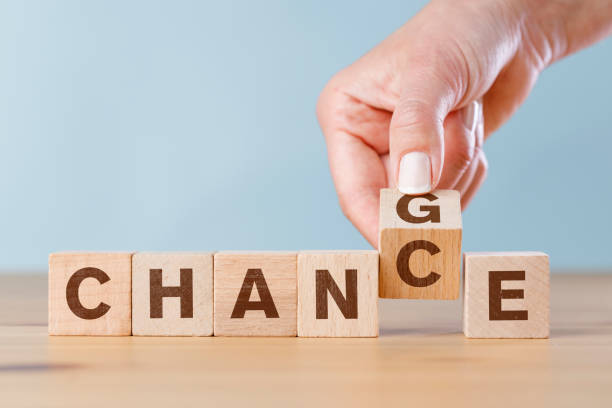 istock Change concept. Wooden letters on blue background 1417678906