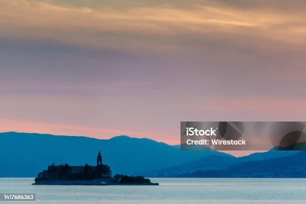 View Of Our Lady Of Mercy At Sunset Gospa Od Milosti Montenegro Stock Photo - Download Image Now