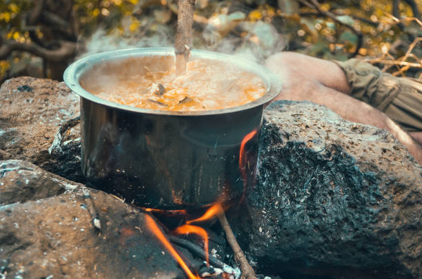 close-up tiro de arroz cozinhando em panela de aço no fogo do acampamento - metal gates - fotografias e filmes do acervo