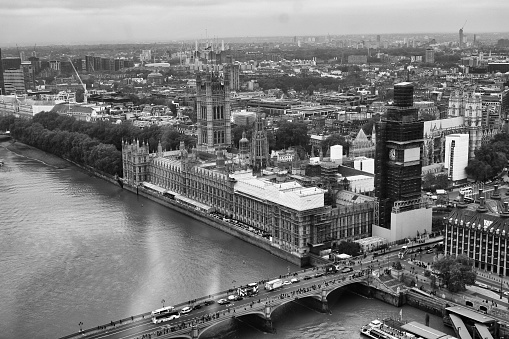 A grayscale shot of the Palace of Westminster. Central London, England, UK.