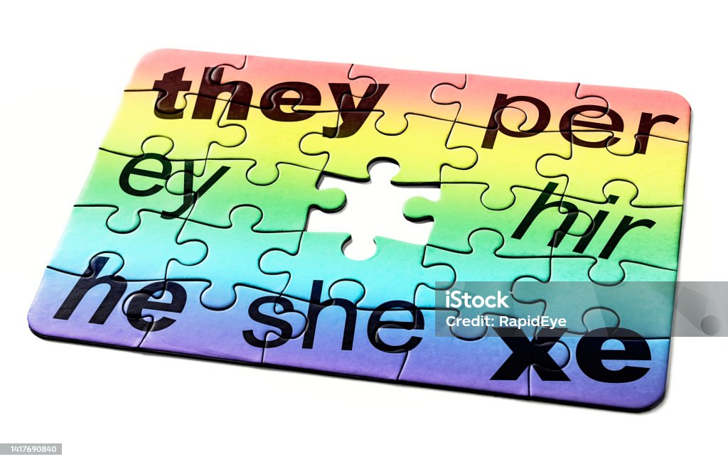 Jigsaw puzzle of gender pronouns, with one missing piece, representing a problem to be solved Jigsaw puzzle needs the final piece as a solution to a problem or challenge. Pronoun Stock Photo