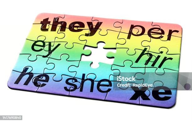 Jigsaw Puzzle Of Gender Pronouns With One Missing Piece Representing A Problem To Be Solved Stock Photo - Download Image Now