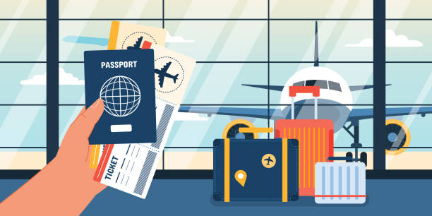 ilustrações de stock, clip art, desenhos animados e ícones de people with boarding pass and luggage in airport terminal, vector, illustration - airport waiting room waiting airport lounge