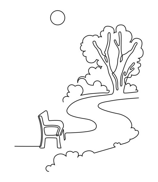 ландшафтный парк с дорожкой и деревьями. иллюстрация непрерывного рисования линий. вектор - scenics pedestrian walkway footpath bench stock illustrations