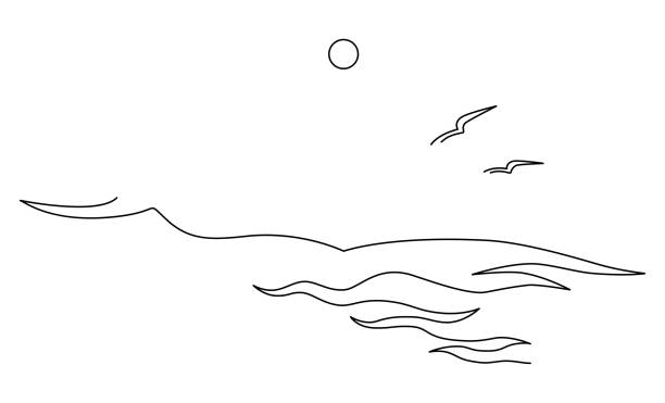 illustrations, cliparts, dessins animés et icônes de paysage marin avec vagues, mouettes et soleil. dessin au trait continu. illustration vectorielle linéaire, isolée sur fond blanc - silhouette nautical vessel sea morning