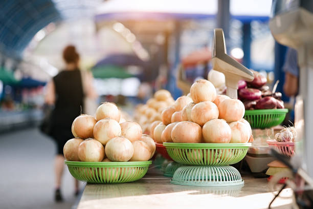 Street market with vegetables and fruits