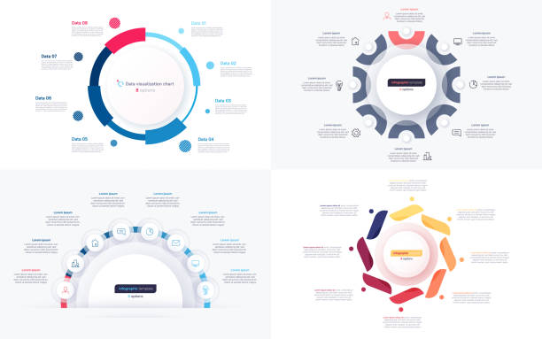 ilustraciones, imágenes clip art, dibujos animados e iconos de stock de conjunto de ocho plantillas de diseño de infografía de círculo de opciones. ilustración vectorial - flow chart analytics chart diagram