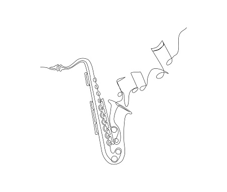 Saxophone continuous line vector illustration. Single line drawing of classical saxophone and music note. Hand drawn minimalism style.